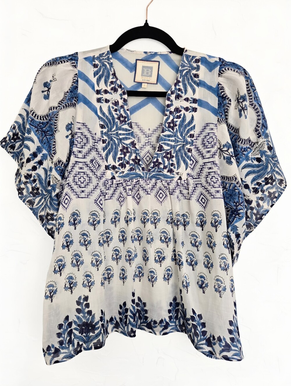 Bell Alicia Bell Silk Blend Boho Blue White Top, S